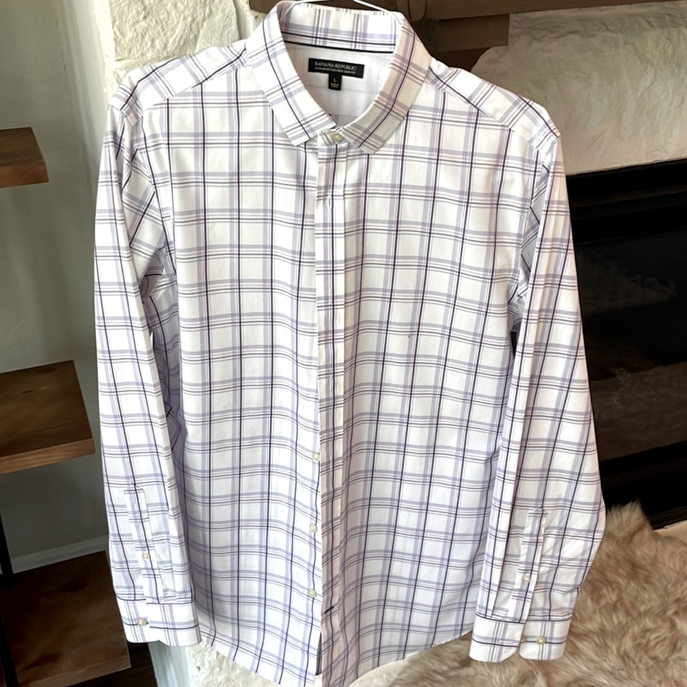 BANANA REPUBLIC MENS WHITE PURPLE PLAID NON IRON DRESS SHIRT SIZE LARGE